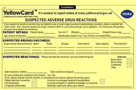 Yellow Card for suspected adverse reactions to drugs in the UK